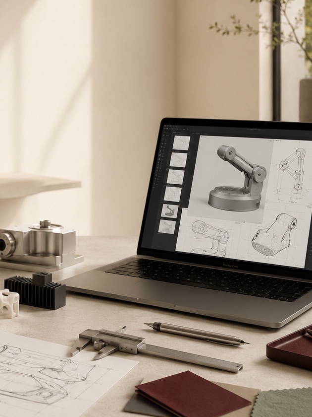 A Xeotype product development desk with sketches, tools and a laptop